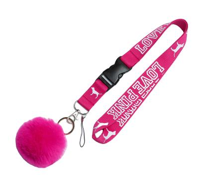 China High Quality Polyester Lanyard Pink Love Lanyards Pink Key Office/Gift/Event For Key Chain Custom With Pom Pom for sale