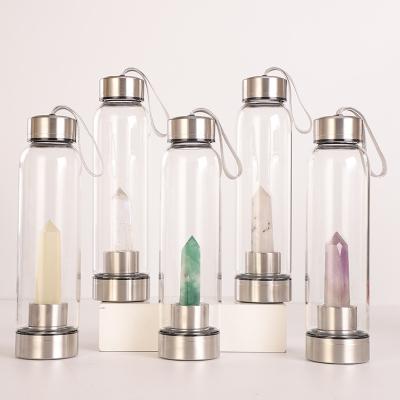 China High Viable Borosilicate Glass Water Bottle Drinking Glass Bottle Amethyst/White Quartz Hot Energy Spa Cup Customized for sale