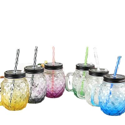 China Juice Stock Creative 15oz Drinks Juice Cup Pineapple Handle Mason Jar Gradient Ribbon Cover Straw for sale