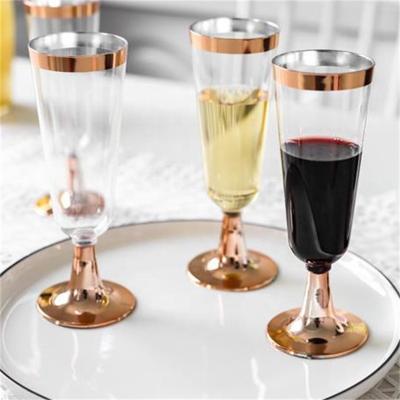 China Champagne Party Cups 150ml Fancy and Wedding Clear Gold or Rose Gold Rimmed Champagne Flutes Plastic Hard Cups for sale