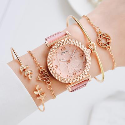 China Promotion 5pcs Day/Date 6086 Set Bracelet Watch For Women Magnetic Buckle Butterfly Pattern Elegant Pink Ladies Wrist Watch Set for sale