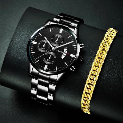 China 2Pcs Day/Date Mens Wrist Watch 6085 Steel Strap Set Top Brand Fashion Luxury Sports Quartz Watch Mens Gold Straps for sale