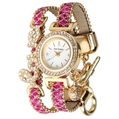 China Dropshipping 6006 day/date women bracelet watches ladies love leather strap rhinestone quartz wristwatch for sale