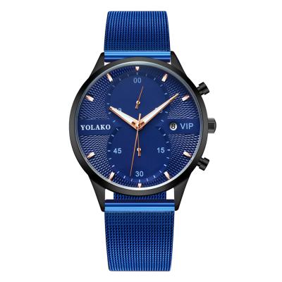 China Hot Selling Full Calendar Yolako Brand Men's Blue Mesh Belt Watches Luxury Male Sport Date Watches for sale