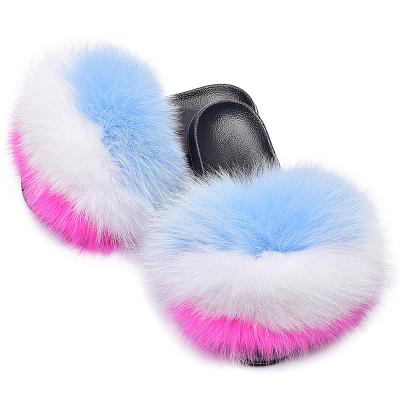 China Cheap Designer Slippers Women Famous Slippers Fashion Brand Brand Slippers For Women Summer Fox Fur Raccoon Fur Slides for sale