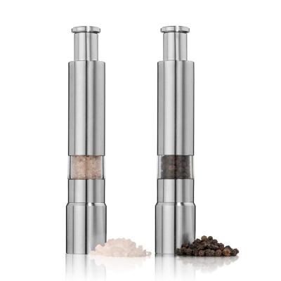 China Viable Salt and Pepper Grinder 2PCS/Set Stainless Steel Push Button Grinder Modern Design Thumb Grinder for Black Pepper Sea Salt Spice for sale