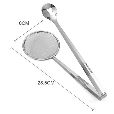 China Sustainable Stainless Steel Filter Spoon With Clip Oil-Frying Filter 2 In 1 Strainer Strainer Kitchen Tongs for sale