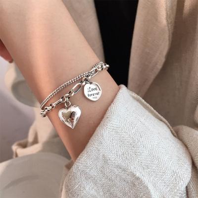 China Luxury Silver Punk Heart Letter Metal Style Chain Bracelet Vintage Cuban Link Pendant Bracelets For Women for sale