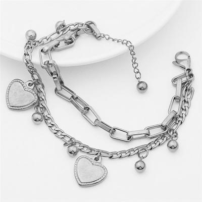 China Silver Heart Pendant Hiphop Fashion Double Chain Metal Charm Bracelet Unisex Women Jewelry for sale