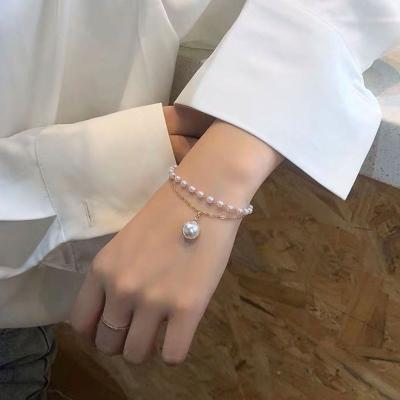 China New Hot Selling Vintage Women Fashion Jewelry Blank Imitate Pearl Double Chain Bracelet for sale