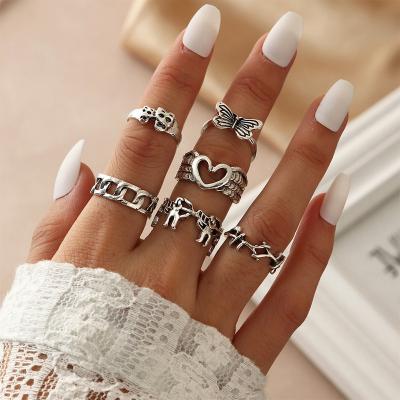 China Retro Antique Silver Heart Ring Set Punk Fashion Butterfly Skull For Women Wholesale Jewelry for sale