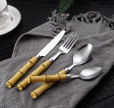 China Sustainable Stainless Steel Knife Dinner Spoon Fork Tea Spoon 24 Pcs Bamboo Plastic Cutlery Set for sale