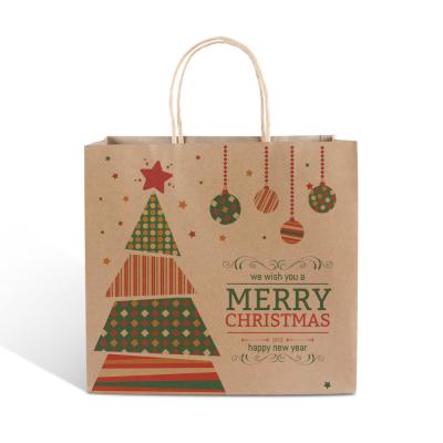 China Custom Recyclable Cheap Retail Christmas Logo Printing Brown Kraft Paper Shopping Packaging Bags With Handles for sale