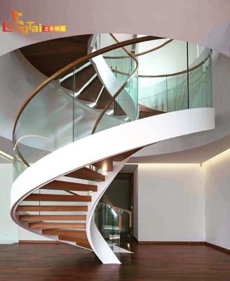 China Modern Interior Use Staircase And Steel-Wood Material Curved Wooden Glass Staircase for sale