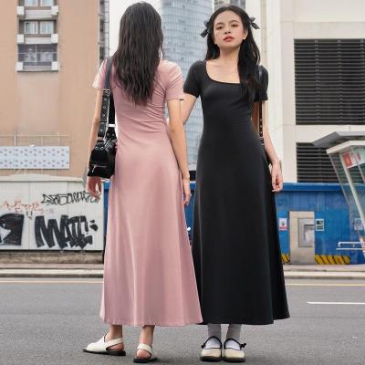 Cina Fashion Street Photo Slim Solid Color U - neck Short - sleeved Dress in vendita