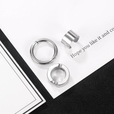 China 2021 Trendy Stainless Steel Ear Studs&Clip&Ring 3 In One Set Hip Hop Simplicity Cool Cool Style Open Earrings For Women Men for sale