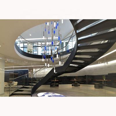 China Modern Stainless Steel Glass Curved Staircase With LED Lights Round Staircase With Glass Balustrade for sale