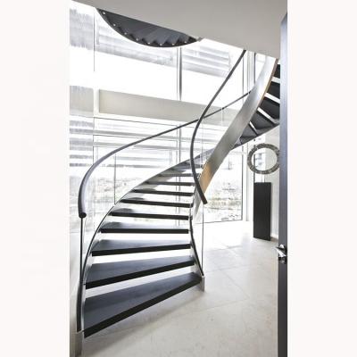 China Modern high quality Mesense steel wooden stair curved staircase with glass balustrade for sale for sale