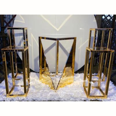 China New Display Wedding Decoration Party 3D Stainless Steel Flower Stand Golden Shelf Pedestals for sale