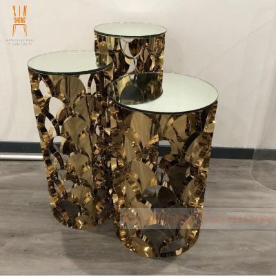 China Wedding Event Party Round Glass Top Gold Mirror Stainless Steel Wedding Cake Table Decoration for sale