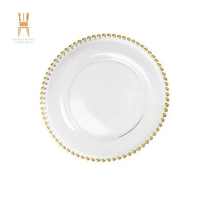 China Sustainable Dinner For Hotel Use Glass Gold Beaded Chargers Plates For Wedding for sale