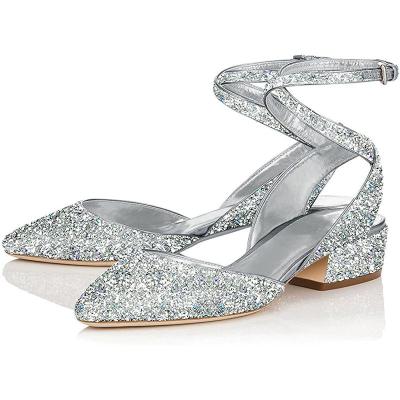 China Fashion Trend NSP021 Women's Glitter D'orsay Block Heel Low Toe Slingback Sandals Pump With Ankle Strap For Ladies for sale