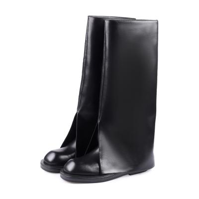 China NSB023 Fashion Trend Women's Round Toe Turn Over Knee High Heel Flat Boots Fashion Casual Chimney Boots for sale