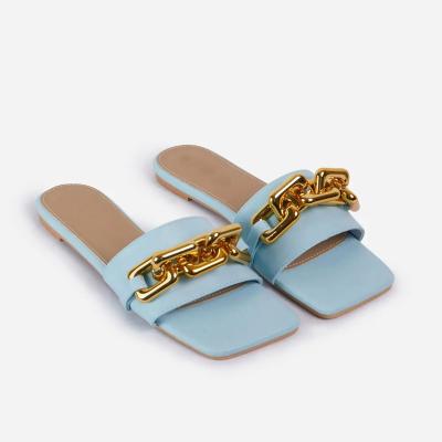 China 2021 fashion trend NSF020 chain detail square toe flat sandal for ladies fashion women sliders for sale