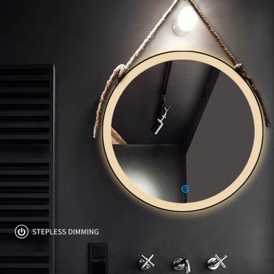 China Modern Enlargement Home Framed Round Decorative Waterproof Silver Salon Makeup Leather Vanity Led Bathroom Smart Mirrors for sale