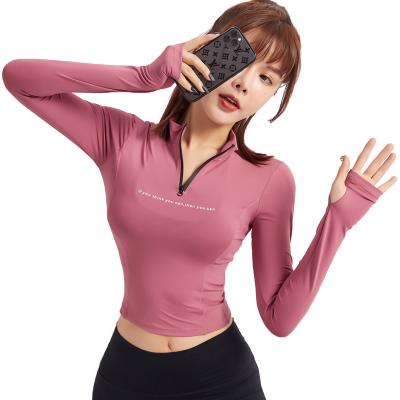 China Breathable Yoga Tops Stretch Navel Zipper Sportswear Quick-Drying T-shirts Slim Tight Running Fitness Clothes For Women for sale