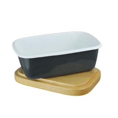 China 2021 viable new style enamel butter container with soft wooden lid - perfect for storing your butter gently for sale