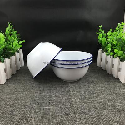 China Sustainable Camping New Type White Color With Blue Rim Metal Enamel Dinner Bowl for sale