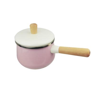 China Hot Sale 18cm Sustainable Enamel Metal Cast Iron Camping Cookware With Long Handle Enamel Milk Pan Wooden Pot for sale