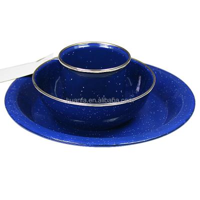 China Viable Blue Spotted Enamel Utensils Dinner Set Mug, Bowl and Dishes Customized Logo Enamel Camping Set for sale