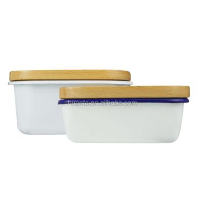 China Sustainable Kitchen High Quality Vintage Square Enamel Butter Dish With Wooden Lid for sale