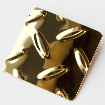 China 201 304 Golden Color Coated 3MM 2MM Stamping Embossed Surface Anti Slip Stainless Steel Checkered Plate for sale