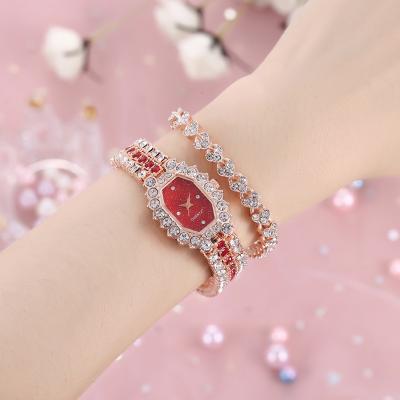 China Hot Sale Women Ladies Auto Date Fashion Square Diamond Quartz Wrist Bracelet Watches Leather Strap Gift Set Full Iced Out Woman Lady Watch for sale