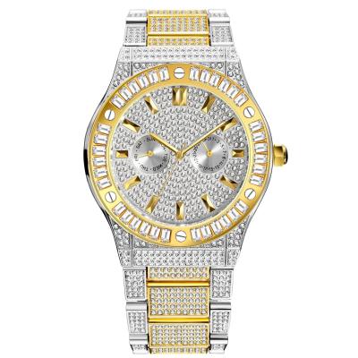 China Luxury Best Good Quality Auto Date Watches Water Resistant Rhinestone Gold Hip Hop Fully Iced Out Steel Watch For Men Original for sale