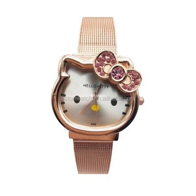 China Cheap Brand Women's Watch Girls Kitty Wristwatches Custom Logo Women Date Price Alloy Metal Strap Case Hello for sale