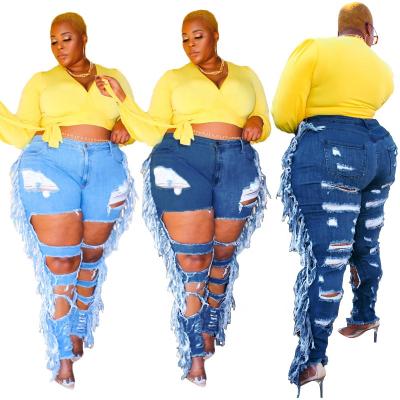 China 2021 Sustainable Trendy Blue Tassels High Waist Plus Size Ripped Jeans For Fat Women Stretch for sale