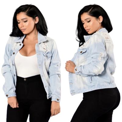 China Breathable Ladies Plus Size Denim Jacket Women Coat Casual Ripped Holes Women Jean Jackets for sale