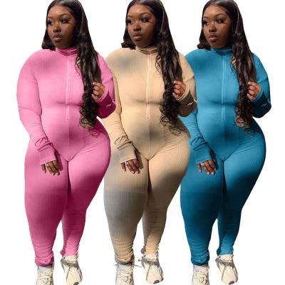 China Viable Ribbed Plus Size Bodycon Stacked Overalls Womens 2020 Long Sleeve One Piece Jumpsuit for sale