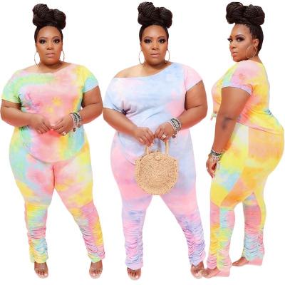 China Sustainable Tie Dye Plus Size Fall 2 Piece Set Outfits For Women Casual Stacked Pants Set for sale