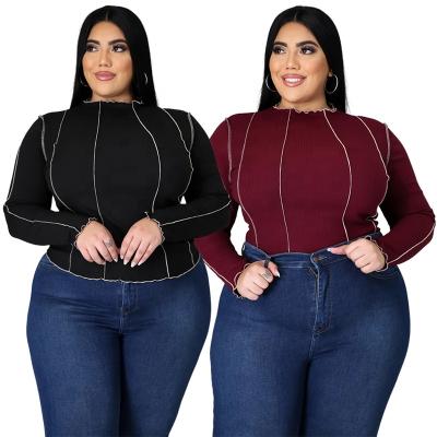 China New Arrival Breathable Contrast 2XL 3XL 4XL 5XL Stitching Ribbed Long Sleeve Plus Size Women Tops for sale