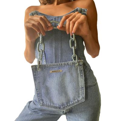 China 2021 New Fashion Women Breathable Summer Lace Up Back Strapless Denim Jean Tops for sale