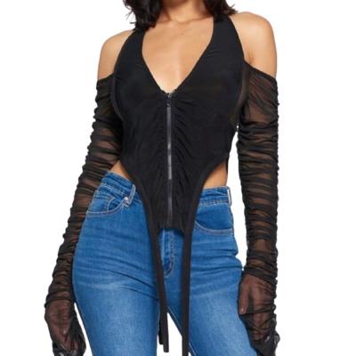 China 2021 Springs Ruched Breathable Long Sleeve Halter Neck Blouse Top for sale