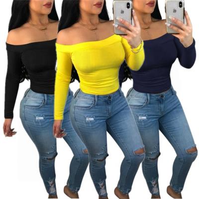 China Hot Selling Solid Color Breathable Off The Shoulder Full Sleeve Crop Women's T-Shirt for sale