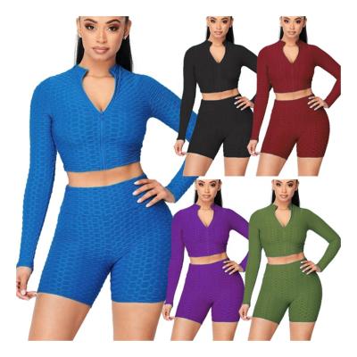 China 2021 New Arrival Breathable Front Long Sleeve Sportswear Two zipper patch crack! crack! the butt yoga shorts set for sale