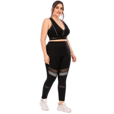 China Breathable European And USA Size Activewear Black Mesh Insert Pocket Design Plus Bra Tops And Gaiters For Fat Women for sale