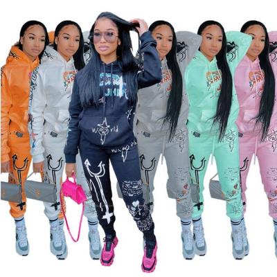 China Breathable Fleece Warm Printed Pullover Hoodie And Jogger Set Women for sale